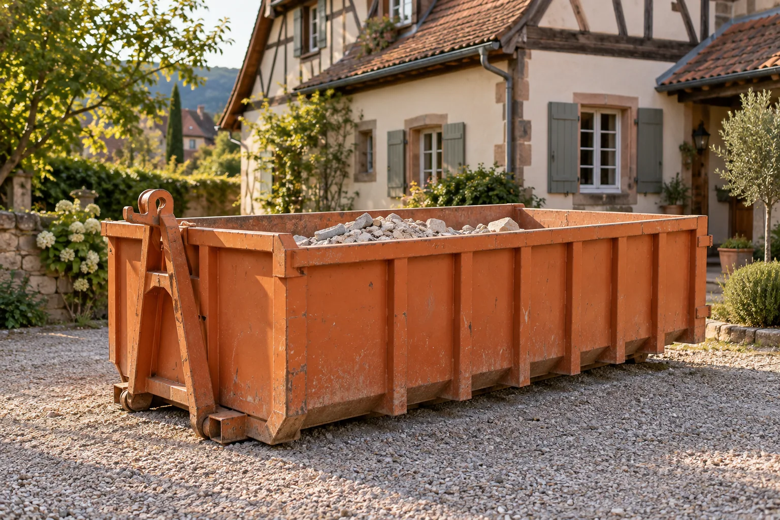 Illustration d’une benne orange sur un chantier de rénovation en Alsace